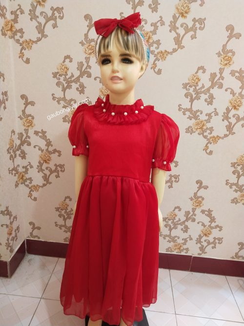 Váy Đầm Trẻ Em Thiết Kế Voan Đỏ Đính Ngọc Trai Cho Bé Gái
